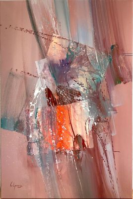 peinture abstraite représentant un vase orange et bleu sur fond rose
