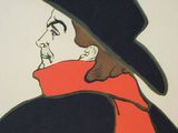 painting of a man in a black hat and a red coat