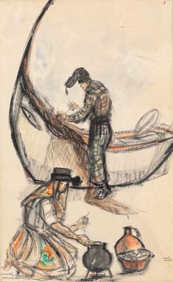 dessin représentant un homme et une femme dans une barque avec un filet de pêche