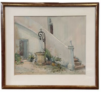 framed watercolor painting of a house with a lamppost and potted plants