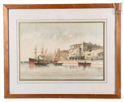 tableau représentant une scène portuaire avec des bateaux sur l'eau et des bâtiments en arrière-plan