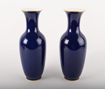 une paire de vases bleus aux bords dorés sur fond blanc