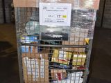a cart full of food in a warehouse with a sign on it