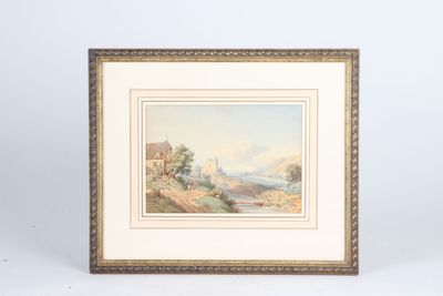 a painting of a mountain scene with a house and a river