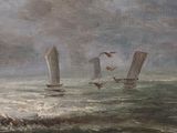 a painting of boats in the ocean with birds flying around