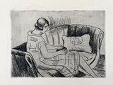 a black and white drawing of a woman sitting on a couch