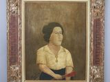 an old painting of a woman in a yellow shirt holding a red book