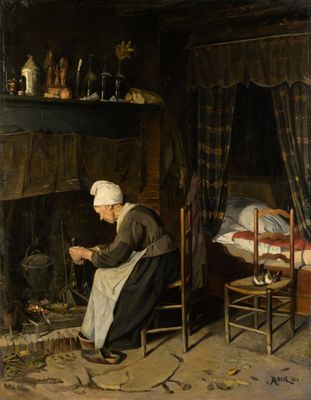un tableau représentant une femme assise devant une cheminée