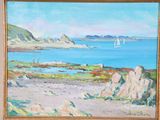 a painting of a sailboat on the water by the shore