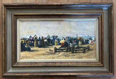a painting of a group of people sitting on a bench