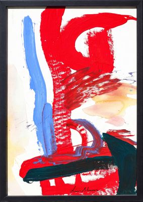 peinture abstraite représentant une chaise rouge recouverte de peinture bleue et rouge