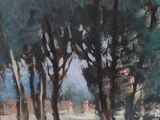 painting of trees in a park with a bench and a bench in the foreground