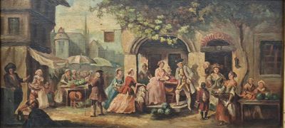 un vieux tableau représentant un groupe de personnes dans un village