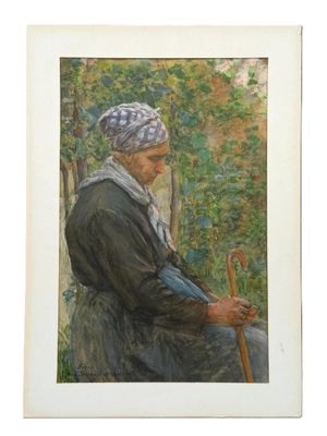 tableau représentant une vieille femme assise sur un banc, une canne à la main