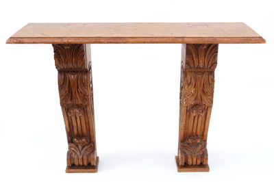 Console formée d'un plateau de bois naturel reposant sur deu… - Photo 1