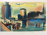 une peinture représentant une peinture d'une ville au bord de l'eau
