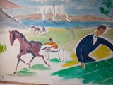 a painting of a man riding a horse and a horse pulling a cart