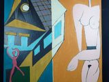 tableau représentant une femme et un homme debout devant une maison