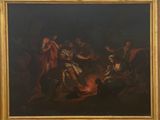 an oil painting of a group of people sitting around a fire