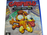 Le jeu vidéo Garfield se trouve sur une surface blanche, dans un boîtier bleu.