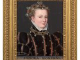 a painting of a woman in a black dress with pearls on her head