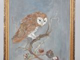 an oil painting of a barn owl perched on a branch of a tree