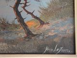 a painting of a tree on a hill with a sky in the background