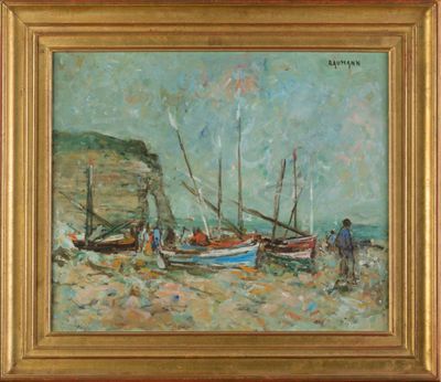 an oil painting of boats on a beach with a man standing next to them