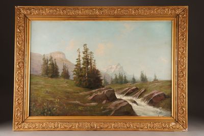 an oil painting of a mountain scene with a stream in the foreground