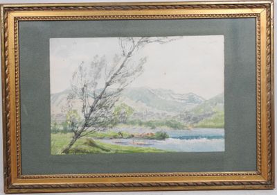 peinture représentant un paysage avec une rivière et des montagnes en arrière-plan