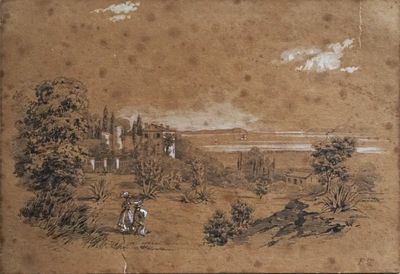dessin représentant un paysage avec un homme et un chien au premier plan et un château au loin