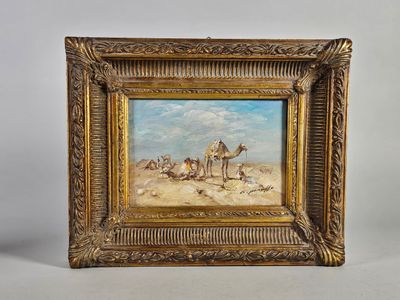 tableau représentant des chameaux dans le désert, avec un homme et un chien