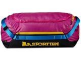 purple and blue duffel bag with yellow and blue straps
