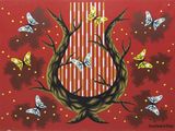 a painting of a tree with many butterflies on it