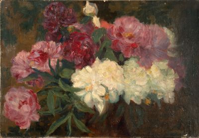 a painting of flowers in a vase on a table