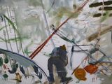 a painting of a man walking down a ramp