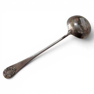 a silver spoon with a spoon handle on a white surface