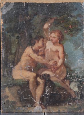 un vieux tableau représentant un couple et un chien dans un cadre boisé