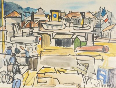 une image d'une peinture de bateaux dans un port
