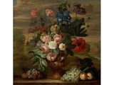 tableau représentant un vase rempli de fleurs et de fruits posé sur un rebord