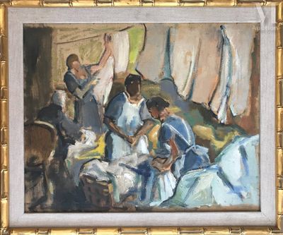 un tableau représentant un groupe de personnes en train d'étendre du linge sur une corde à linge