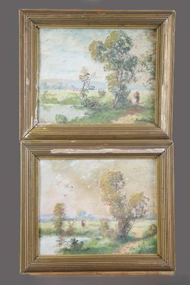 two framed paintings of a landscape with trees and a river