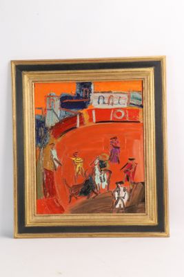 une image représentant un tableau accroché au mur, sur lequel figurent un chien et des personnes