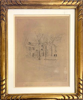 un vieux dessin représentant une maison, encadré d'or, accroché au mur
