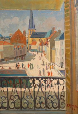 Ecole du XXe siècle. Vue sur la place du village Huile sur t… - Photo 1