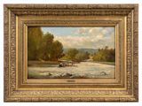 an image of a painting of a river scene with a boat in the water