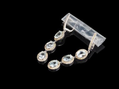 une photo représentant une paire de boucles d'oreilles et un sac posés sur une surface noire