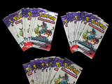 five packs of pokemon trading cards are shown on a black background