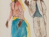 drawing of two women walking with hats on their heads