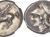 two silver coins with a horse and a bird on them